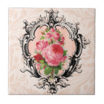 Vintage Floral Tile<br><div class="desc">Ornately engraved border,  pink roses and pale peach damask background.</div>