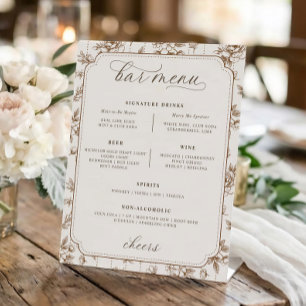 Vintage Floral Toile Brown Cream Bar Menu Wedding Pedestal Sign