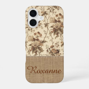 Vintage Floral Toile Burlap Monogram Phone Case