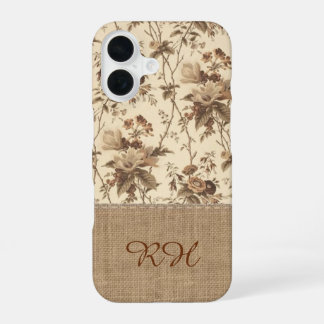 Vintage Floral Toile Burlap Monogram Phone Case