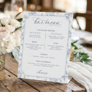 Vintage Floral Toile Dusty Blue Bar Menu Wedding Pedestal Sign