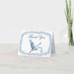 Vintage Floral Toile Frame Blue Stork Baby Shower Thank You Card