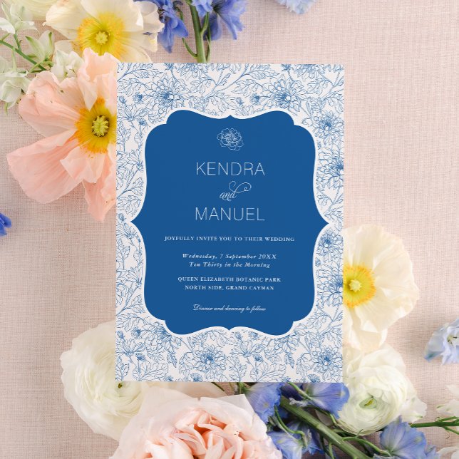 Vintage Floral Toile French Blue Wedding Invitation (Creator Uploaded)
