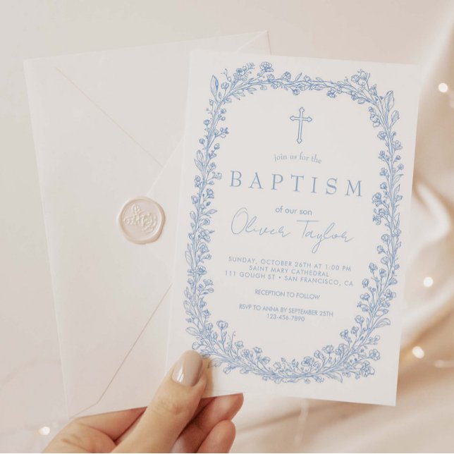 Vintage Floral Toile Light Blue Baptism Invitation (Creator Uploaded)