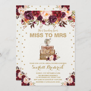 Vintage Floral Travel Miss to Mrs Marsala Gold Invitation