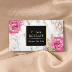 Vintage Floral Trendy Gold Marble Makeup Artist Business Card