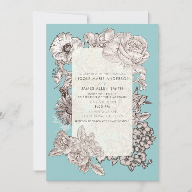 Vintage Floral Turquoise Blue  Modern Wedding Invitation (Front)