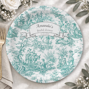 Vintage floral turquoise toile de jouy  paper plate
