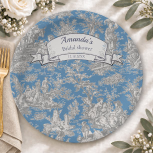 Vintage floral turquoise toile de jouy shower paper plate