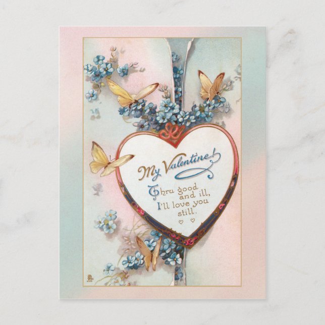 Vintage Floral Valentine | Heart and Butterflies Postcard (Front)