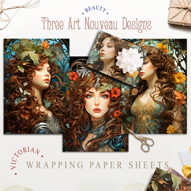 Vintage Floral Victorian Goddess Art Nouveau Wrapping Paper Sheet (Creator Uploaded)