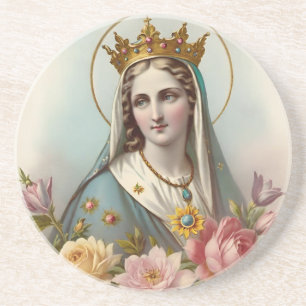 Vintage Floral Virgin Mary Coaster, Catholic  Coaster