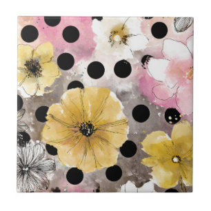 Vintage Floral Watercolor Polka Dot Art (3) Tile