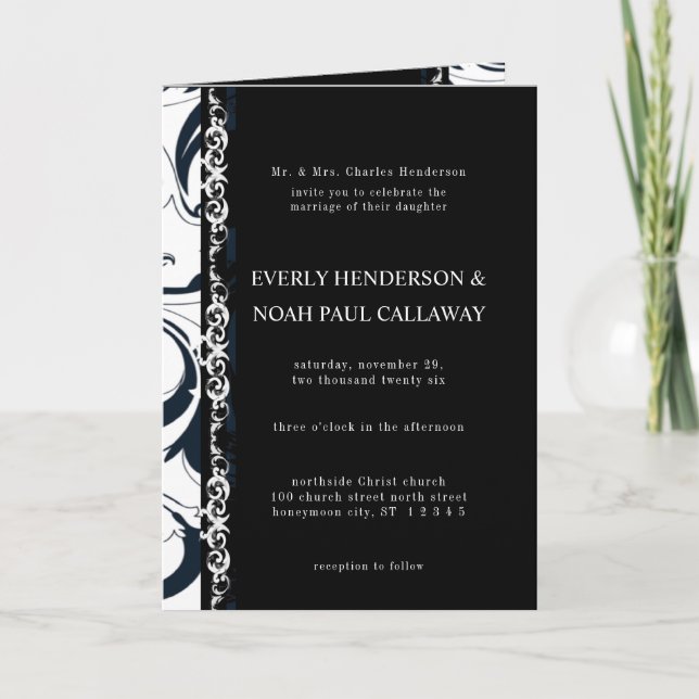 Vintage Floral Wedding Invitation Black & White (Front)