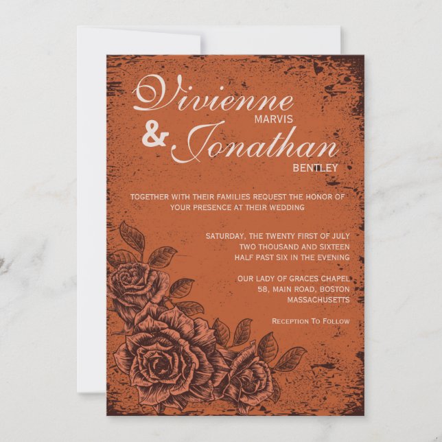 Vintage Floral Wedding Invitation in Rust (Front)