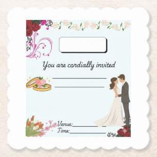 Vintage Floral Wedding Invitation with Scalloped Paper Coaster