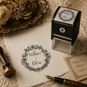Vintage Floral Wedding Name Self-inking Stamp