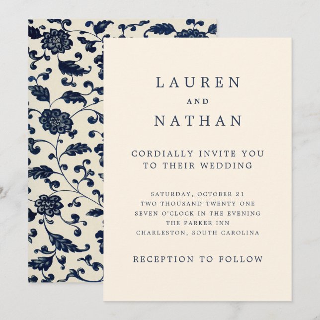 Vintage Floral Wedding | Navy and Cream Invitation (Front/Back)