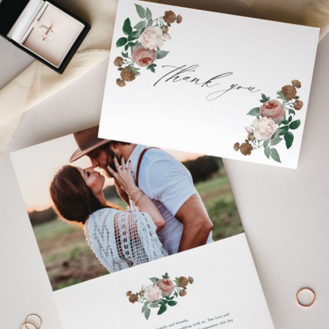 Vintage floral wedding photo thank you card (Vintage Floral Script Wedding Photo Thank You Card.)