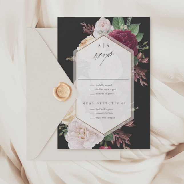 Vintage Floral Wedding RSVP Card (Vintage Floral Bouquet Black Wedding RSVP Cards.)