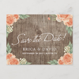 Vintage Floral Wedding Rustic Wood Save the Date Announcement Postcard