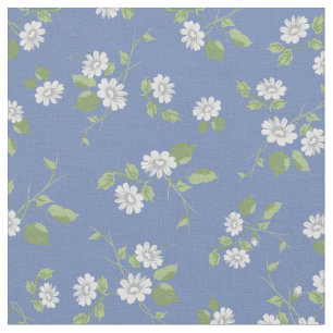 Vintage Floral White Daisies French Country Blue Fabric