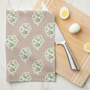 Vintage Floral White Roses Brown Striped Tea Towel