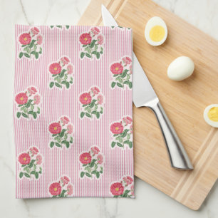 Vintage Floral Wild Roses Pink Striped Tea Towel