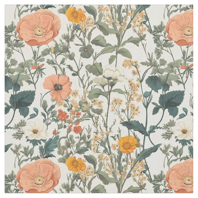 Vintage Floral Wildflowers And Poppies Fabric (Close Up)