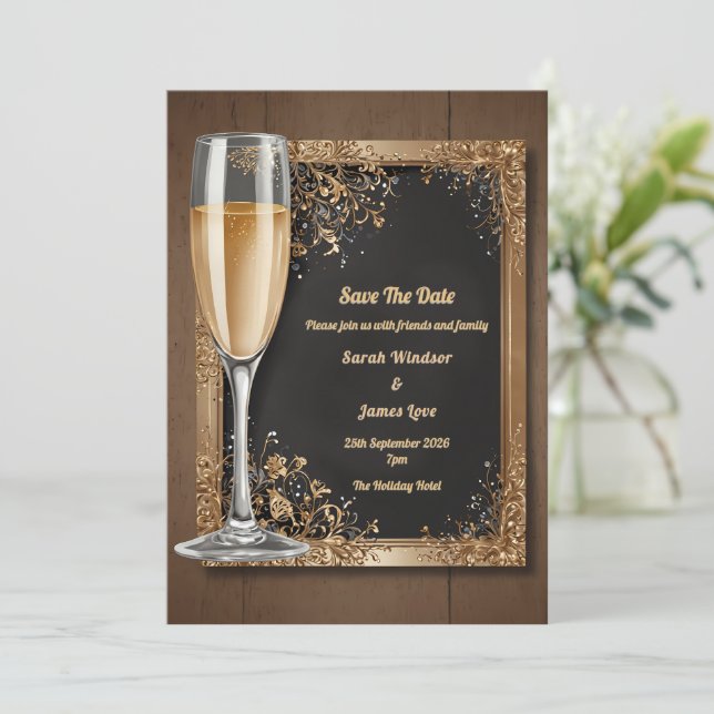 Vintage Floral with Champagne Toast Invitation (Standing Front)