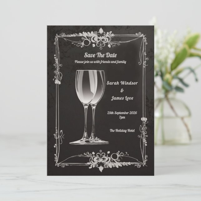 Vintage Floral with Silver Champagne Toast Invitation (Standing Front)
