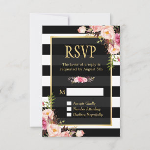 Vintage Floral Wrapping B&W Stripes RSVP Reply Card