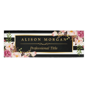 Vintage Floral Wrapping Gold Black White Stripes Name Tag