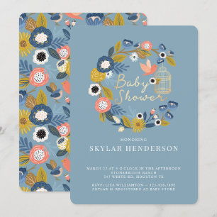 Vintage Floral Wreath Birdcage Mum & Baby Bird Invitation