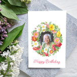 Vintage Floral Wreath Frame Happy Birthday Photo Card<br><div class="desc">A happy birthday greeting card with a real vintage floral wreath illustration framing a photo of your loved ones,  on a white background. Fitting for spring or summer.  Demo Photo by Robin Noguier on Unsplash.</div>