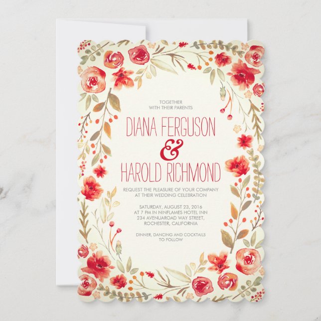 Vintage Floral Wreath Garden Wedding Invites (Front)
