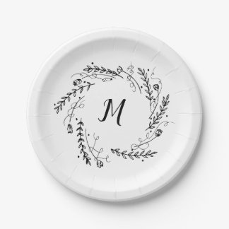 Vintage Floral Wreath Monogram Paper Plate