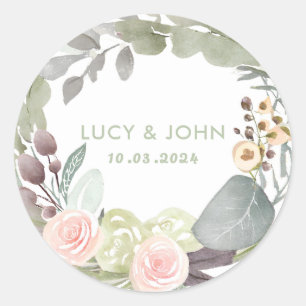 Vintage Floral Wreath Wedding Favour Rose Sage Classic Round Sticker