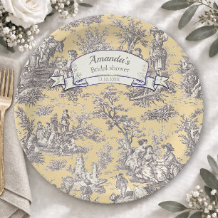 Vintage floral yellow grey toile de jouy paper plate