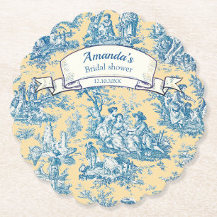 Vintage floral yellow turquoise toile de jouy paper coaster