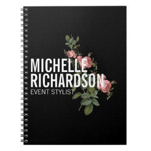 Vintage Florals Bold Text on Black Personalised Spiral Notebook