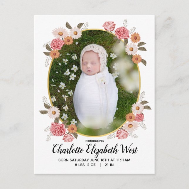 Vintage Florals Daisies Baby Birth Announcement Postcard (Front)