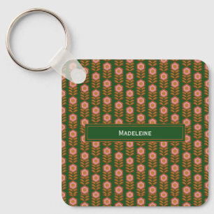 Vintage florals, pink on green monogrammed budget key ring