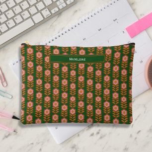 Vintage florals, pink on green retro monogrammed accessory pouch