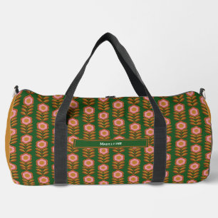 Vintage florals, pink on green retro monogrammed duffle bag