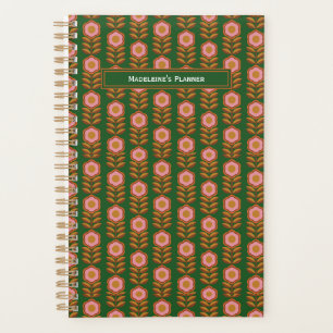 Vintage florals, pink on green retro monogrammed  planner