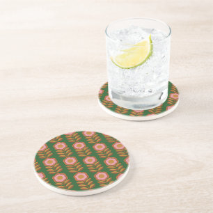 Vintage florals, pink on green retro pattern coaster