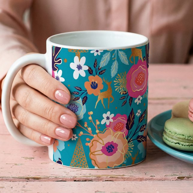 Vintage Florals, Reindeer & Snowflake Pattern Coffee Mug (Vintage Florals, Reindeer & Snowflake Pattern Coffee Mug)