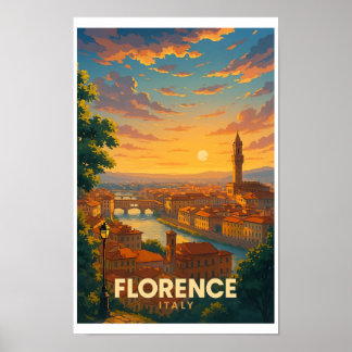 Vintage Florence Italy Travel Poster - Sunset Over