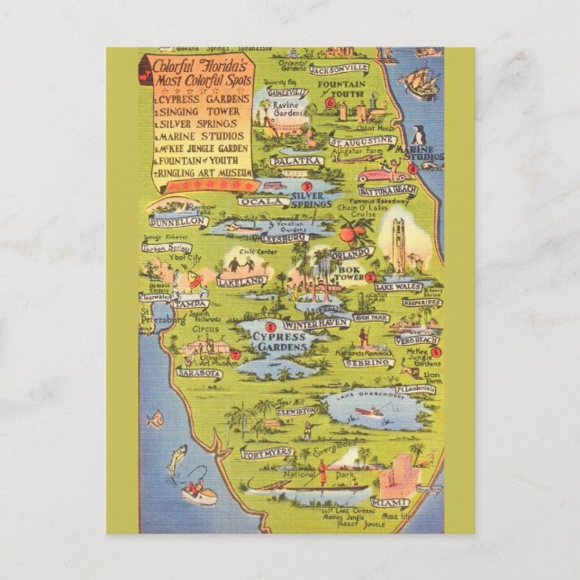 Vintage Florida Attractions Map  Postcard (Front)